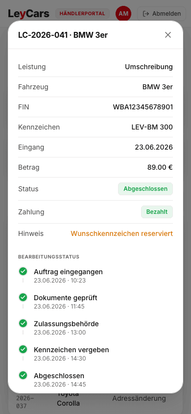 LeyCars Status im Blick auf dem Smartphone